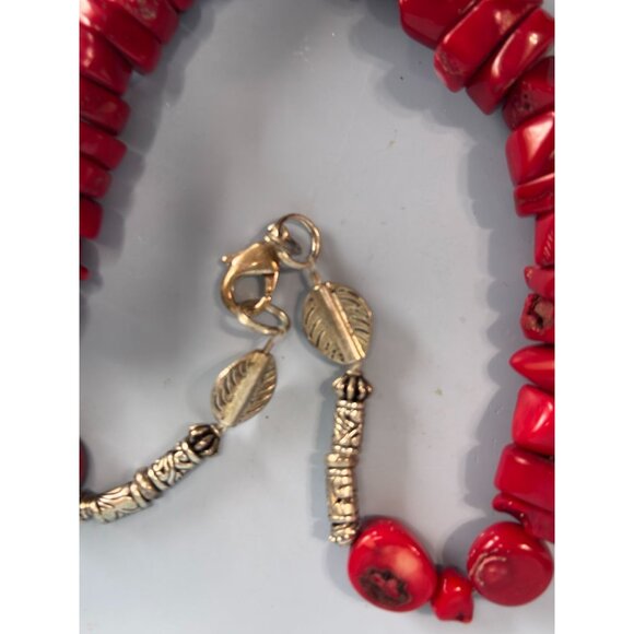 Red Bamboo Coral Chunky Necklace Etched Silver-Tone Accents 21" Long 218g - Picture 3 of 5